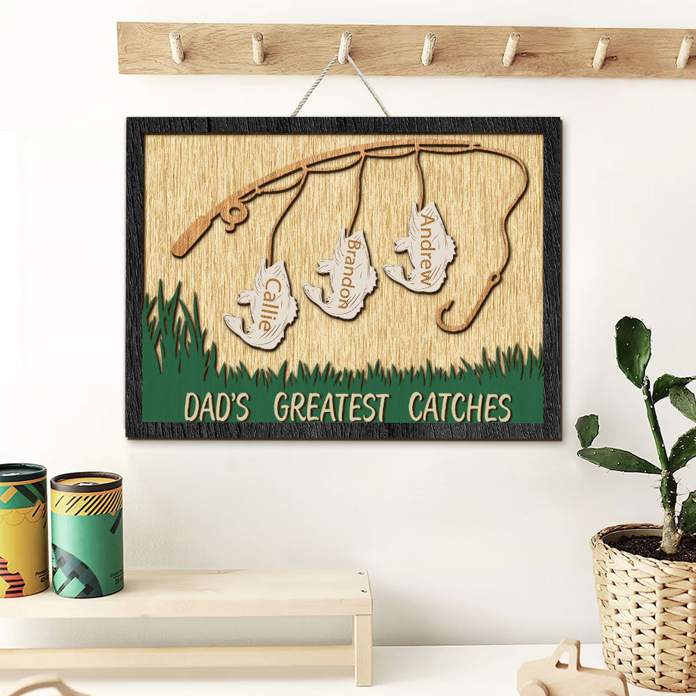Fishing Dad's Greatest Catches, Personalized Layered Wood Sign Stand, Gifts for Dads - Wood Sign - GoDuckee