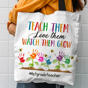 Teach Love Watch Them Grow, Personalized Tote Bag, Gift For Teacher, Handprint Flowers - Tote Bag - GoDuckee
