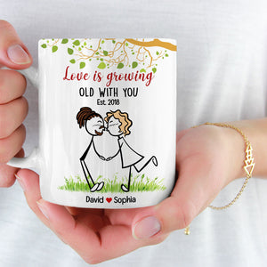 Love Is Growing Old With You, Gift For Couple, Personalized Mug, Stick Couple Kissing Mug, Anniversary Gift - Coffee Mug - GoDuckee