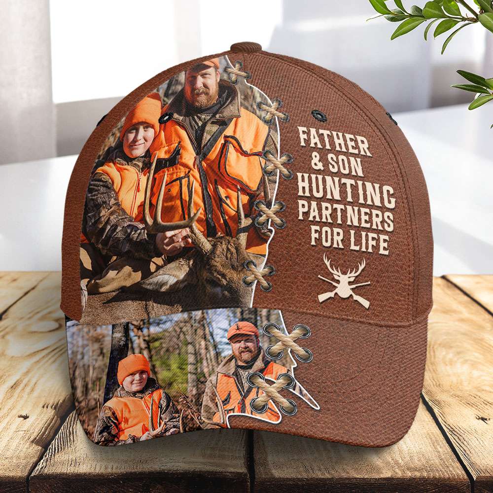 Hunting Dad With His Hunting Partners Custom Photo Cap, Personalized Gift For Hunting Dad, Father's Day Gift For Hunter - Classic Cap - GoDuckee