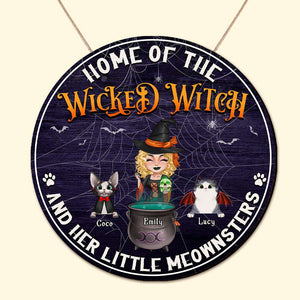 Home Of The Wicked Witch, Gift For Cat Lover, Personalized Wooden Sign, Cat Lover Witch Wood Sign, Halloween Gift - Wood Sign - GoDuckee