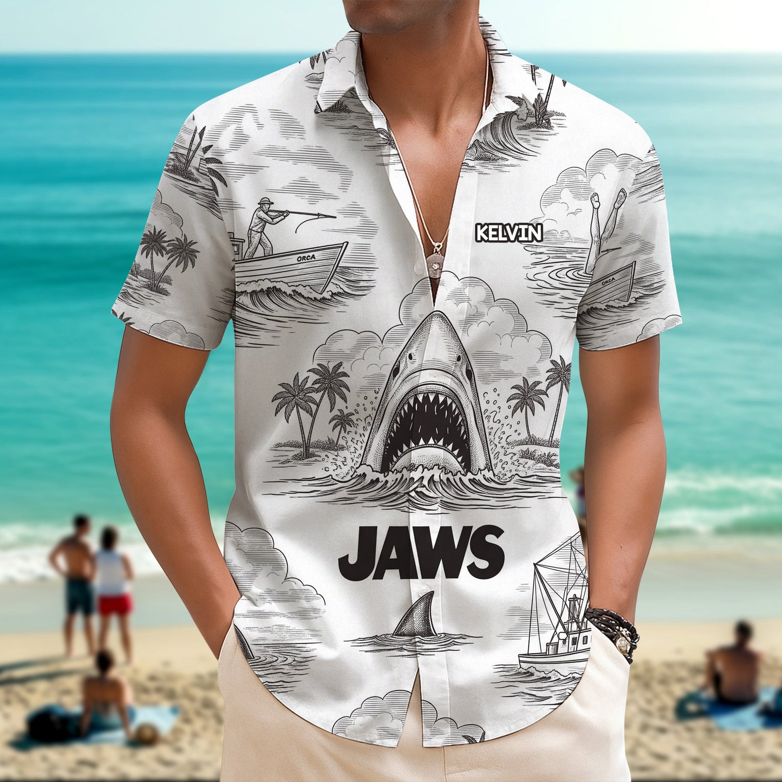 Shark Toile De Jouy Style Hawaiian Shirt - Personalized Gifts For Movie Lovers 02namg150725 - Hawaiian Shirts - GoDuckee
