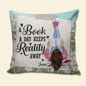 A Book A Day Keep Reality Away Personalized Girl Holding Book Square Pillow Gift For Book Lovers - Pillow - GoDuckee