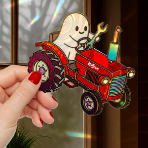Cute Tractor Ghost Farmer Suncatcher - Personalized Gifts For Farmers 05pati110825 - Ornament - GoDuckee