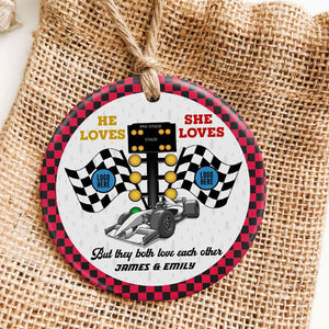 But They Both Love Each Other, Couple Gift, Personalized Ceramic Ornament, Racing Car Couple Ornament, Christmas Gift 02HUTI061023 - Ornament - GoDuckee