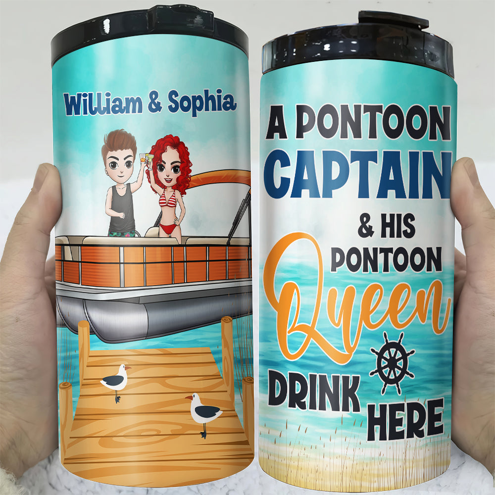 Pontoon Captain And Pontoon Queen Drink Here, Personalized Can Cooler Tumbler, Gifts For Him Gifts For Her - Can Cooler - GoDuckee