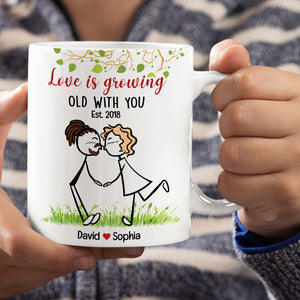 Love Is Growing Old With You, Gift For Couple, Personalized Mug, Stick Couple Kissing Mug, Anniversary Gift - Coffee Mug - GoDuckee