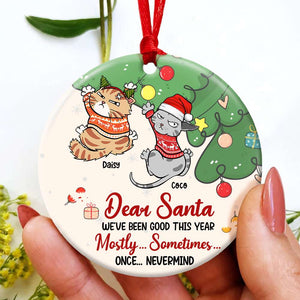 Dear Santa, We've Been Good This Year, Gift For Cat Lover, Personalized Ceramic Ornament, Cat Holding Tree Ornament, Christmas Gift - Ornament - GoDuckee