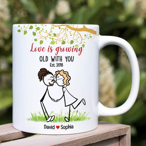 Love Is Growing Old With You, Gift For Couple, Personalized Mug, Stick Couple Kissing Mug, Anniversary Gift - Coffee Mug - GoDuckee