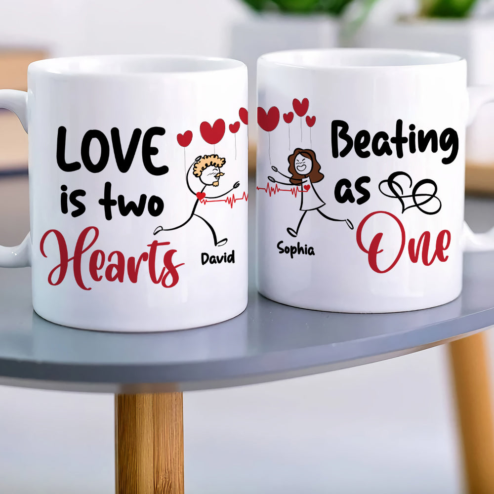 Love Is Two Hearts, Personalized Couple Mug Set - Gift For Couple - Coffee Mug - GoDuckee