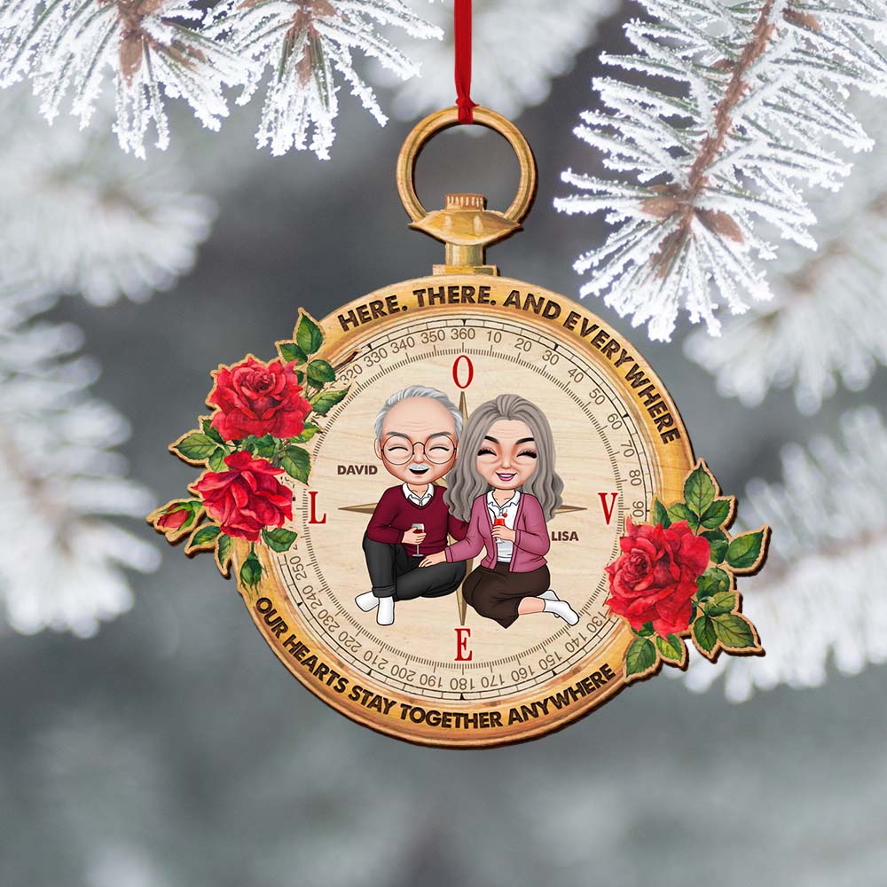 Our Hearts Stay Together Anywhere-Personalized Wood Ornament -Gift For Him/ Gift For Her- Compass Couple Wood Ornament - Ornament - GoDuckee