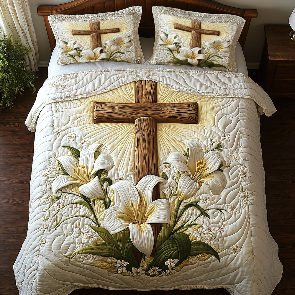 Gifts For Christian Quilt Bedding Set Special Line, Cross And Lilies 04tgpu050225 - Blanket - GoDuckee