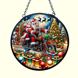 Custom Photo Gift for Couple Stained Glass Santa Couple Riding Motorbike Christmas 03todc310824 - Ornament - GoDuckee