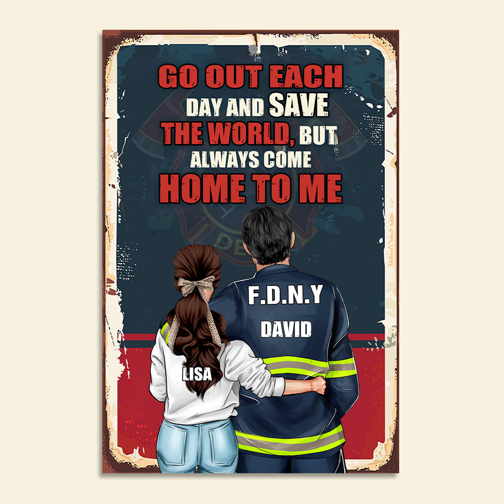 Personalized Firefighter Couple Poster - Go Out Each Day And Save The World - Retro - Poster & Canvas - GoDuckee