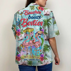 Personalized Flamingo Sister Hawaiian Shirts - Sun Tan Flamingo Beaches Booze & Besties - Hawaiian Shirts - GoDuckee