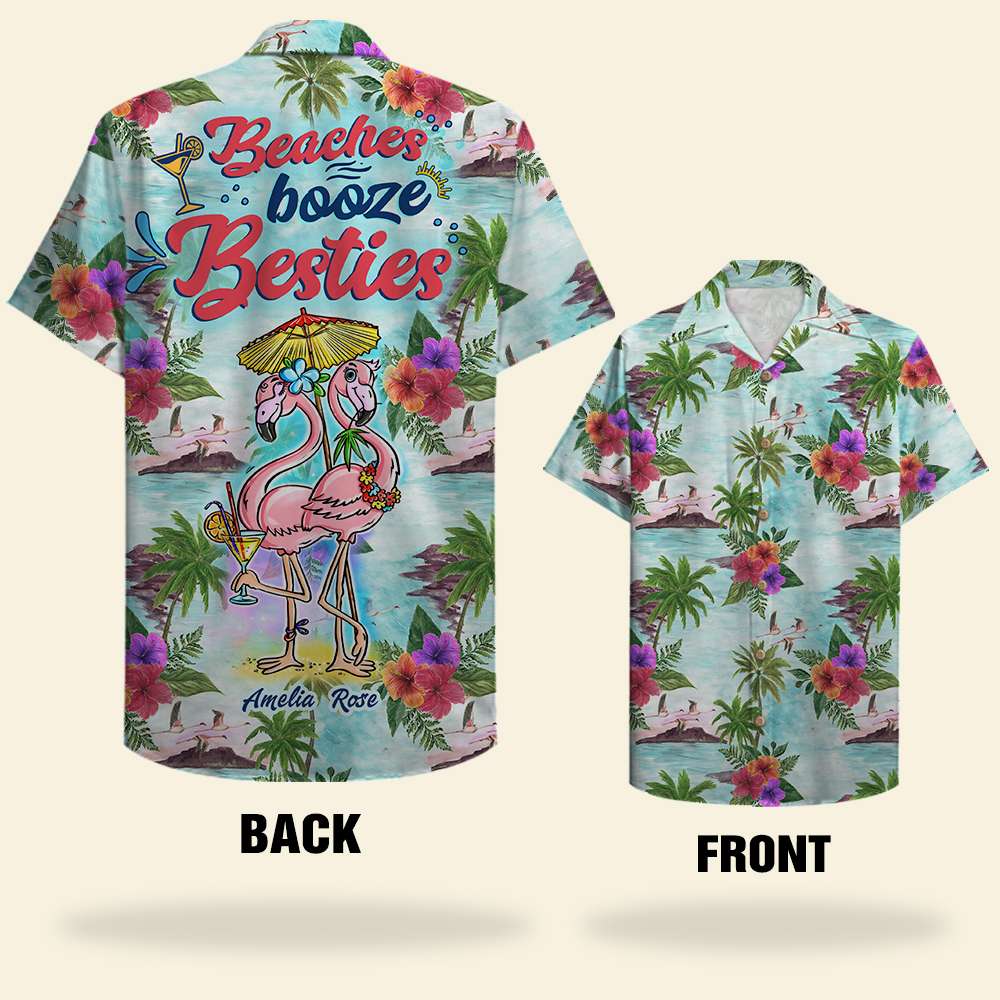 Personalized Flamingo Sister Hawaiian Shirts - Sun Tan Flamingo Beaches Booze & Besties - Hawaiian Shirts - GoDuckee