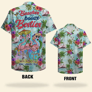 Personalized Flamingo Sister Hawaiian Shirts - Sun Tan Flamingo Beaches Booze & Besties - Hawaiian Shirts - GoDuckee