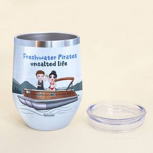 Personalized Pontoon Couple Wine Tumbler - Freshwater Pirates - Lake View Theme - Wine Tumbler - GoDuckee