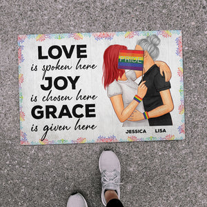 Personalized LGBT Couple Doormat - Love Is Spoken Here - Doormat - GoDuckee