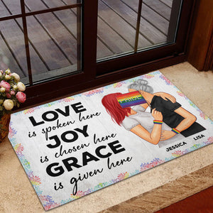 Personalized LGBT Couple Doormat - Love Is Spoken Here - Doormat - GoDuckee