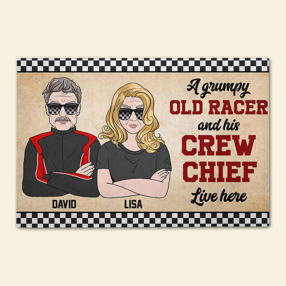 Personalized Racing Couple Doormat - A Grumpy Old Racer And His Crew Chief Live Here - Checkered Theme - Doormat - GoDuckee