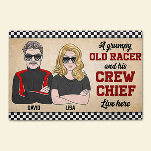 Personalized Racing Couple Doormat - A Grumpy Old Racer And His Crew Chief Live Here - Checkered Theme - Doormat - GoDuckee