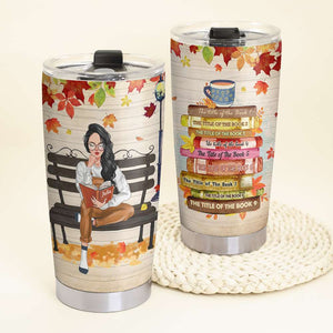 Girl Reading Under Fall Leaves, Personalized Book Girl Tumbler - Custom Book Titles - Tumbler Cup - GoDuckee