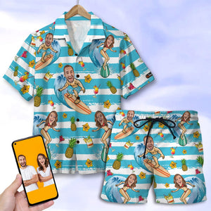 Custom Surfing Couple Hawaiian Shirt and Men Beach Shorts - Laughing Couple - Hawaiian Shirts - GoDuckee