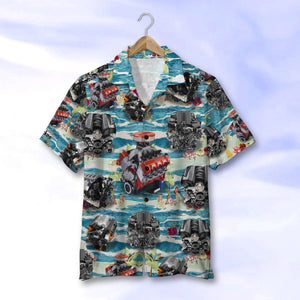 Muscle Car Hawaiian Shirt and Men Beach Shorts, Seamless Car Engine Pattern - Hawaiian Shirts - GoDuckee