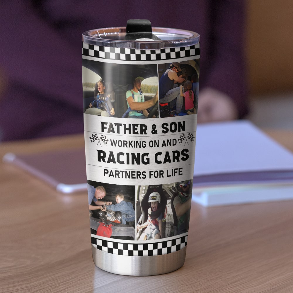 Personalized Racing Father and Son Tumbler - Working on and racing car -  GoDuckee