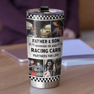 Father & Son Working On And Racing Cars Partners For Life - Custom Racing Dad Tumbler - Gift For Family - Tumbler Cup - GoDuckee