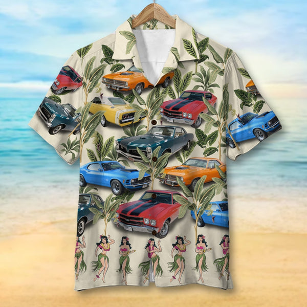 Custom Muscle Car Photo Hawaiian Shirt, Sexy Girls Sitting On Cars