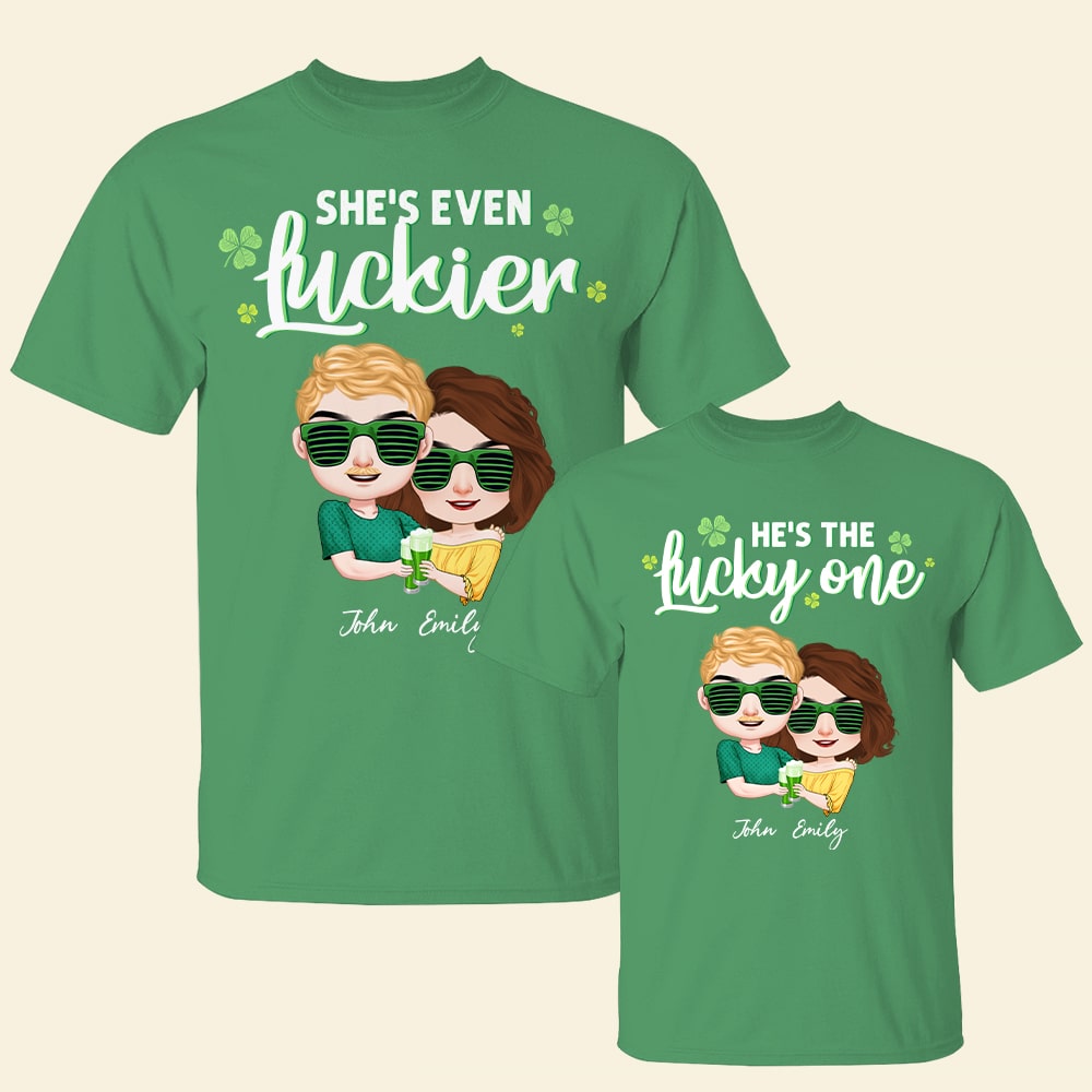 He's The Lucky One She's Even Luckier Personalized Patrick's Day Couple Shirt, Gift For Couple - Shirts - GoDuckee