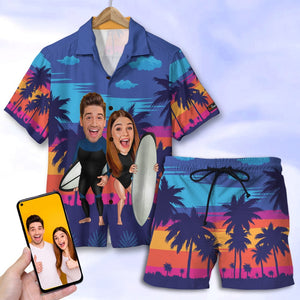 Custom Surfing Couple Hawaiian Shirt and Men Beach Shorts, Sunset Pattern - Hawaiian Shirts - GoDuckee