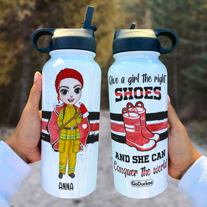 Personalized Female Firefighter Water Bottle - Give A Girl The Right Shoes And She Can Conquer The World - Water Bottles - GoDuckee