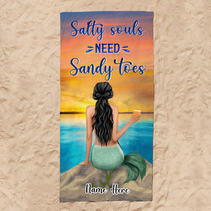 Mermaid Girl, Salty Souls, Sandy Toes - Personalized Beach Towel, Mermaid Towel - Birthday Gifts For Her - Beach Towel - GoDuckee