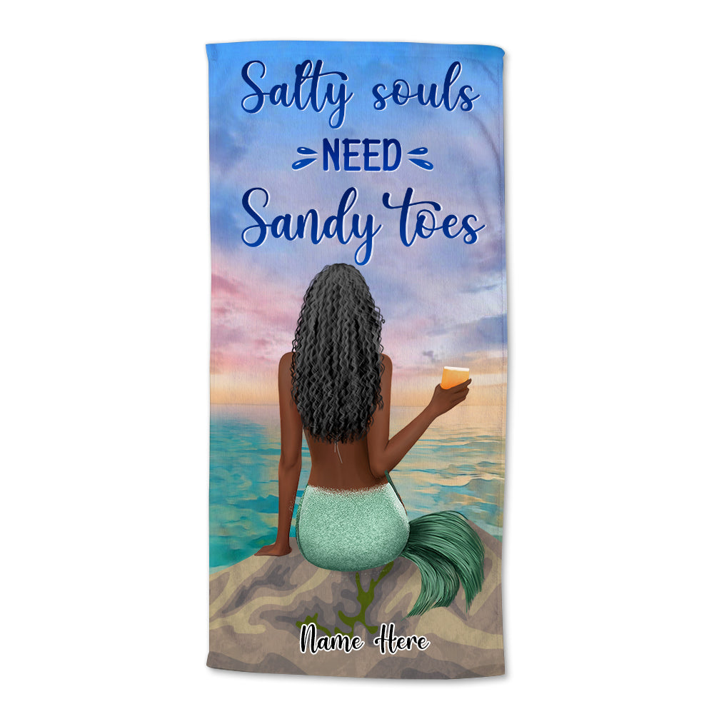 Mermaid Girl, Salty Souls, Sandy Toes - Personalized Beach Towel, Mermaid Towel - Birthday Gifts For Her - Beach Towel - GoDuckee