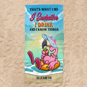 Sunbathin' Drinkin' Flamingo and Know Things - Personalized Beach Towel, Flamingo Towel - Funny Gift For Flamingo Lover - Beach Towel - GoDuckee
