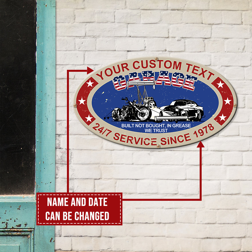 Vintage Drag Racing Metal Sign - Custom Garage's Name and Date - Built Not Bought In Grease We Trust - Metal Wall Art - GoDuckee