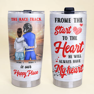 Personalized Racing Couple Tumbler - The Race Track Is Our Happy Place - Tumbler Cup - GoDuckee