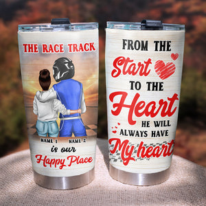 Personalized Racing Couple Tumbler - The Race Track Is Our Happy Place - Tumbler Cup - GoDuckee