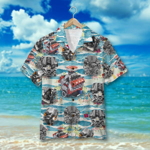 Muscle Car Hawaiian Shirt and Men Beach Shorts, Seamless Car Engine Pattern - Hawaiian Shirts - GoDuckee