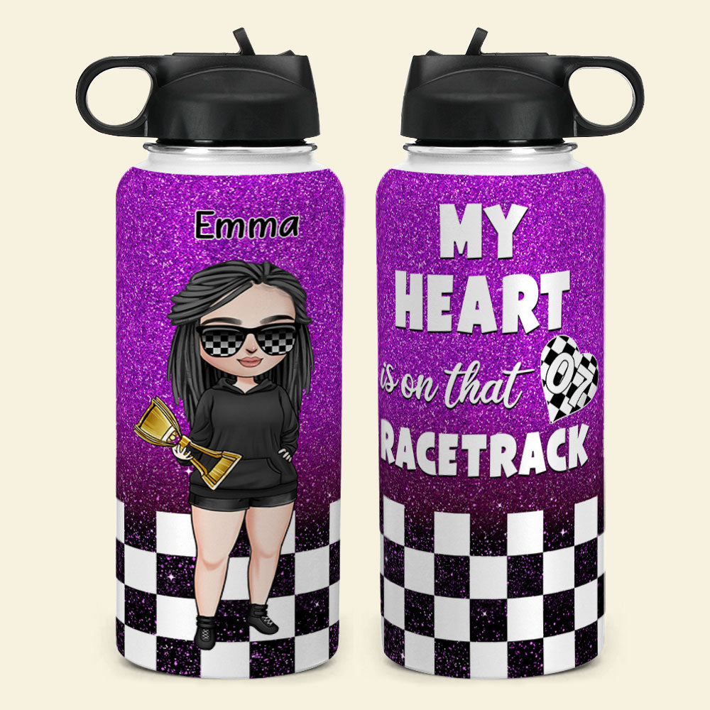 Personalized Dirt Track Racing Mom Water Bottle - My Heart Is On That Racetrack - chibi racing girl - Water Bottles - GoDuckee