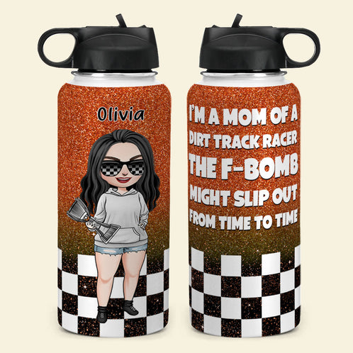 Personalized Dirt Track Racing Mom Water Bottle - I'm A Mom Of A Dirt Track Racer - chibi racing girl - Water Bottles - GoDuckee