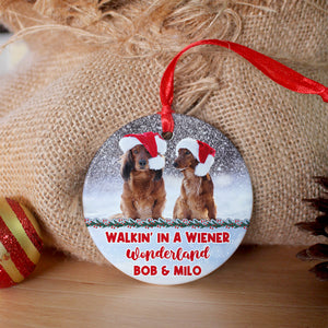 Dog Walking In Wiener Wonderland, Personalized Ceramic Circle Ornament - Ornament - GoDuckee