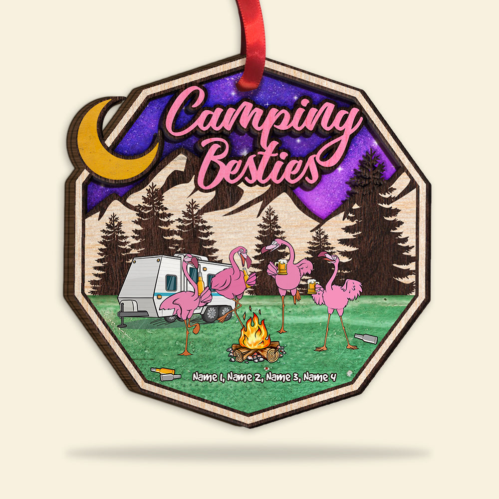 Camping Besties, Flamingo Friends - Personalized Wood Ornament - Ornament - GoDuckee