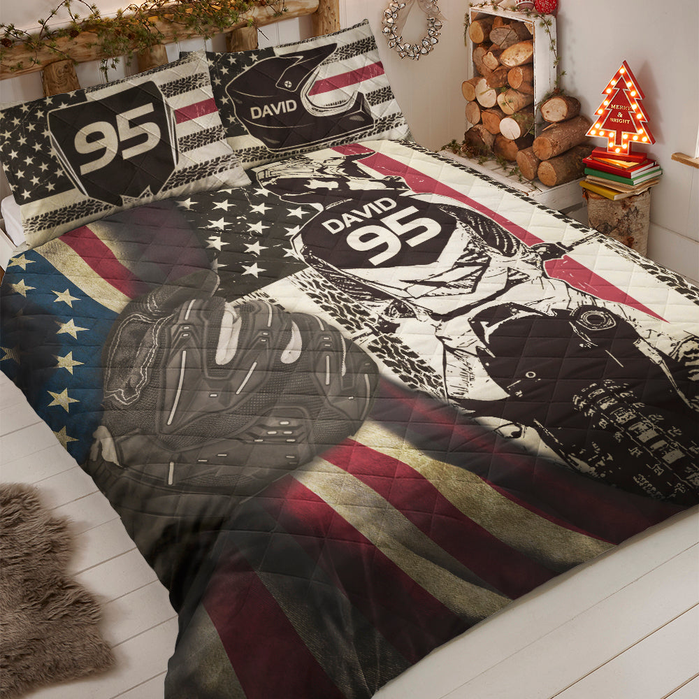 Personalized Motocross Quilt Bed Set - Standing For The American Flag - Gift For Dirt Bike Lover - Blanket - GoDuckee