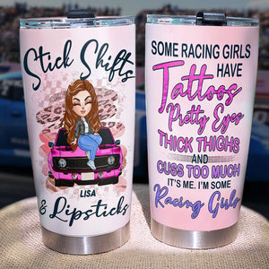 Personalized Racing Tumbler - Stick Shifts And Lipsticks - Racing Girl With Tattoos - Tumbler Cup - GoDuckee