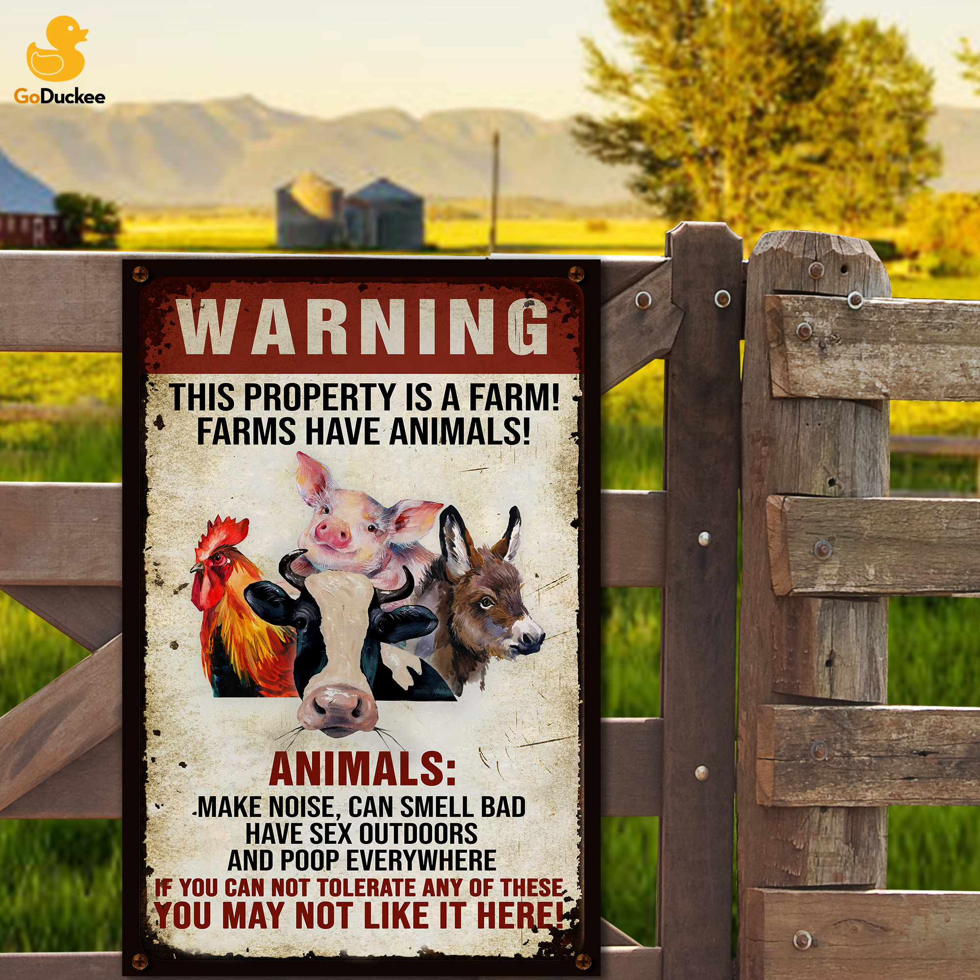 Warning Farm Metal Sign - This property is a farm - Pig, Chicken, Cow - Metal Wall Art - GoDuckee