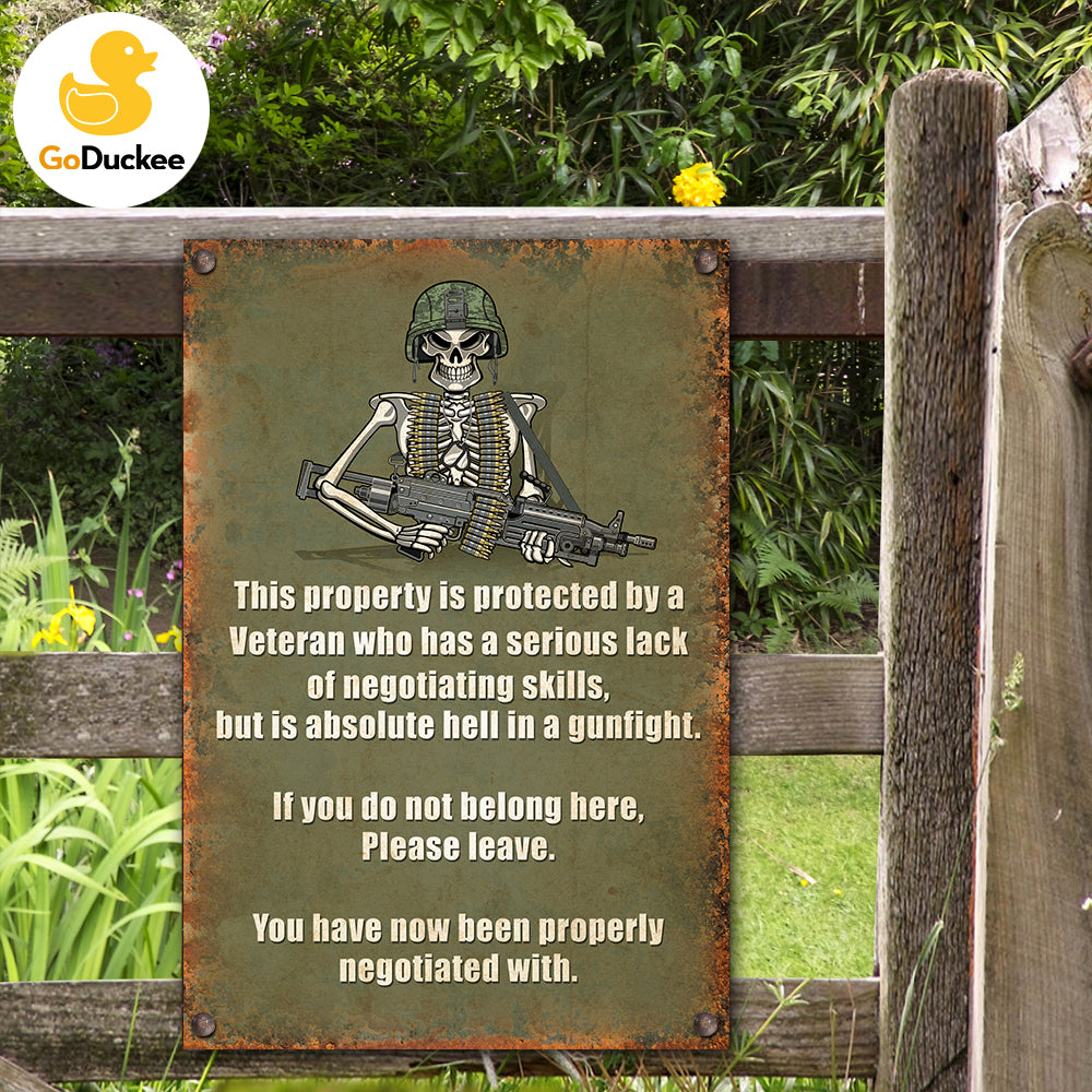 Warning Veteran Metal Sign - This Property is Protect By A Veteran - Metal Wall Art - GoDuckee